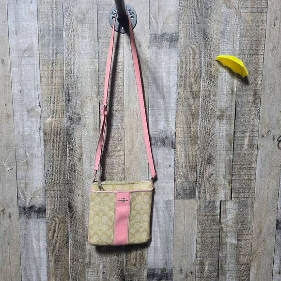 Coach Handbags - Coach F52856 PVC Leather North South Crossbody Stripe Swingpack Light Khaki/Pink